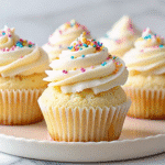 Homemade Vanilla Cupcakes topped with creamy buttercream frosting on a cooling rack