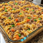 Amish Sunday Savior Casserole baked in a 9x13-inch dish, topped with melted golden cheddar cheese and tender vegetables.