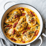 Creamy Tuscan chicken with golden seared chicken breasts in a rich parmesan cream sauce, spinach, and sun-dried tomatoes in a skillet.