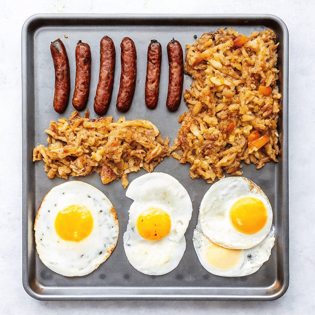 Sheet Pan Breakfast with crispy hash browns, golden baked eggs, breakfast sausage, melted cheese, and fresh herbs on a baking sheet