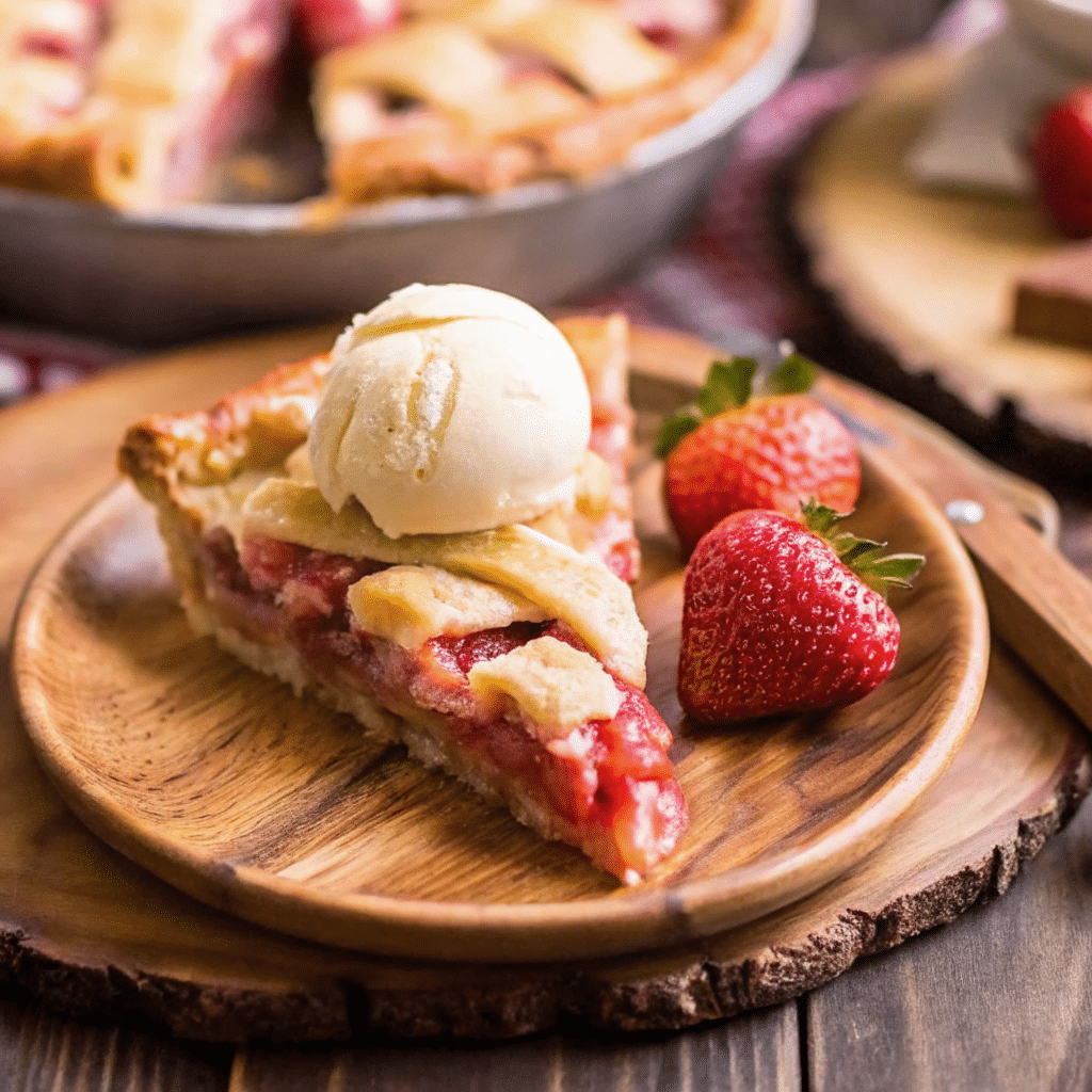 Golden lattice Strawberry Rhubarb Pie with bubbling red fruit filling in a glass pie dish