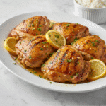 Slow Cooker Italian Lemon Chicken served over rice with lemon butter sauce and herbs.