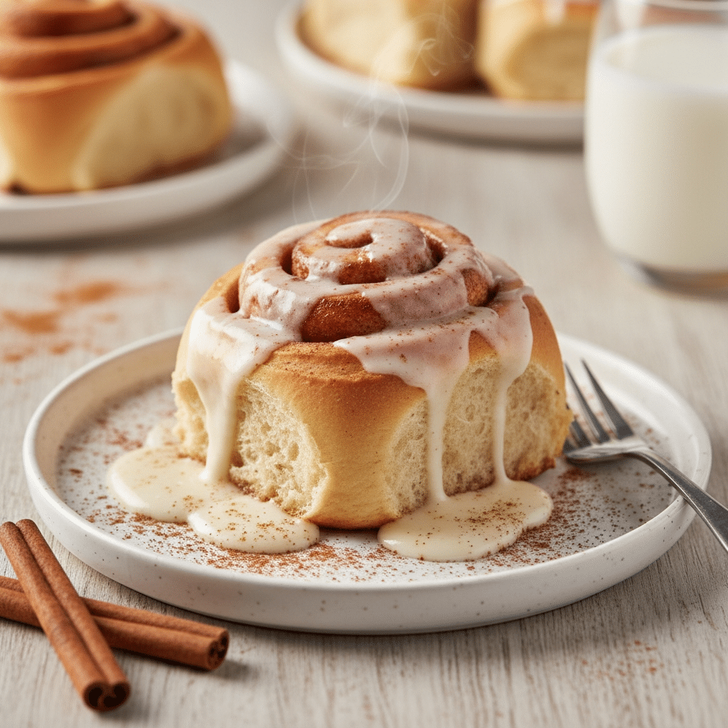 Freshly baked Banana Bread Cinnamon Rolls in a baking dish topped with glossy vanilla icing.