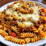 Creamy Italian Beef Rotini served in a bowl with melted cheese, seasoned ground beef, and rich marinara sauce coating spiral pasta