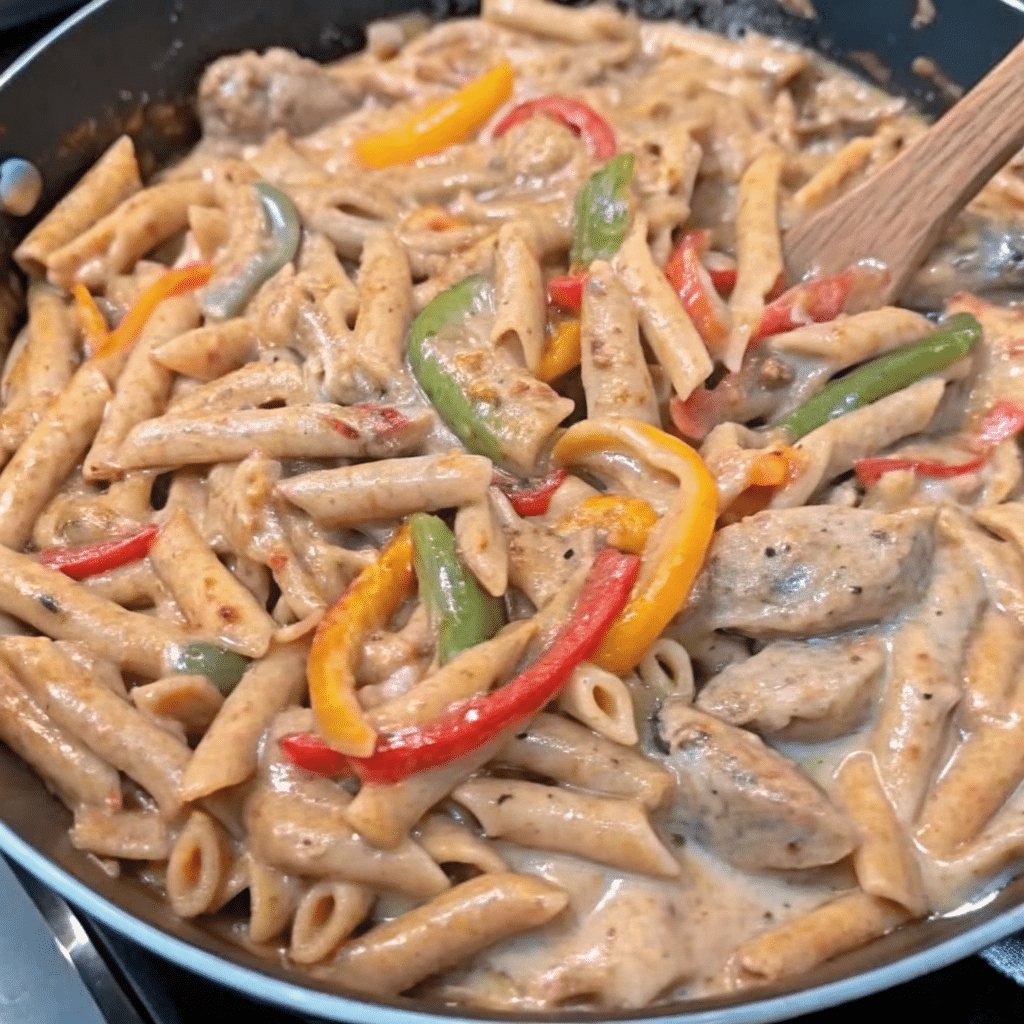 Creamy Jerk Chicken Rasta Pasta served in a bowl with penne pasta, sliced jerk chicken, colorful bell peppers, and creamy cheese sauce.