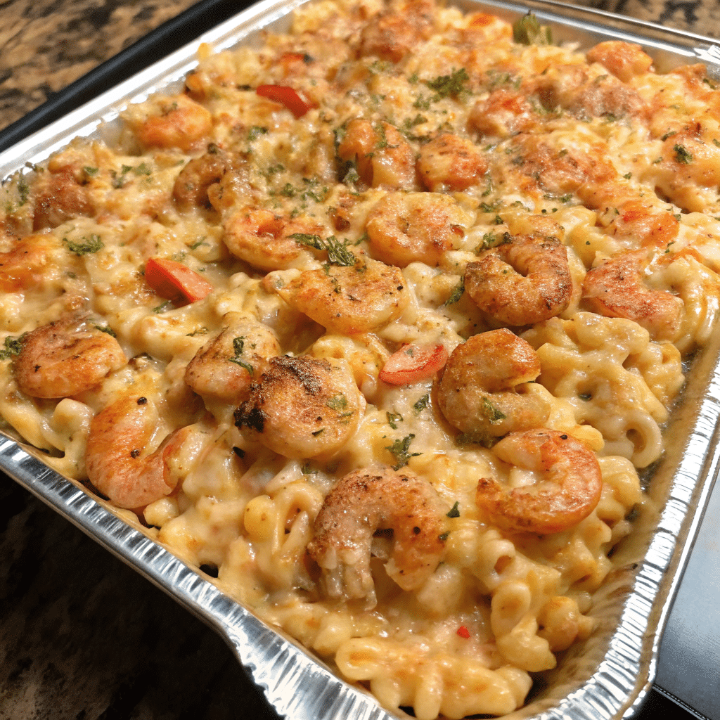 Homemade Seafood Mac and Cheese baked with shrimp, crawfish, and melted cheese in a creamy sauce