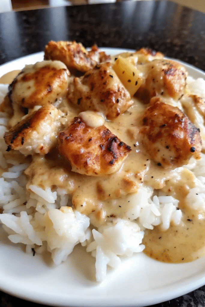 Close-up of Homemade Smothered Chicken and Rice with golden seared chicken and creamy sauce coating the rice