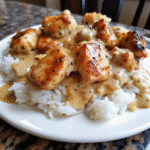 Homemade Smothered Chicken and Rice served in a skillet with creamy gravy and tender chicken over fluffy rice
