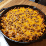 Cheesy Cheeseburger Casserole baked with ground beef, pasta, and melted cheese in a golden, bubbly dish