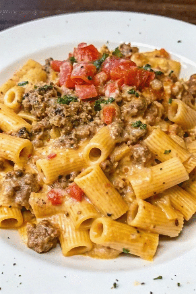 Close-up of Creamy Cheesy Beef Rigatoni with melted cheese sauce coating rigatoni pasta and hearty ground beef.