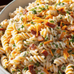 Chicken Bacon Ranch Pasta Salad served in a bowl with rotini pasta, diced chicken, crispy bacon, cheddar cheese, tomatoes, and ranch dressing.