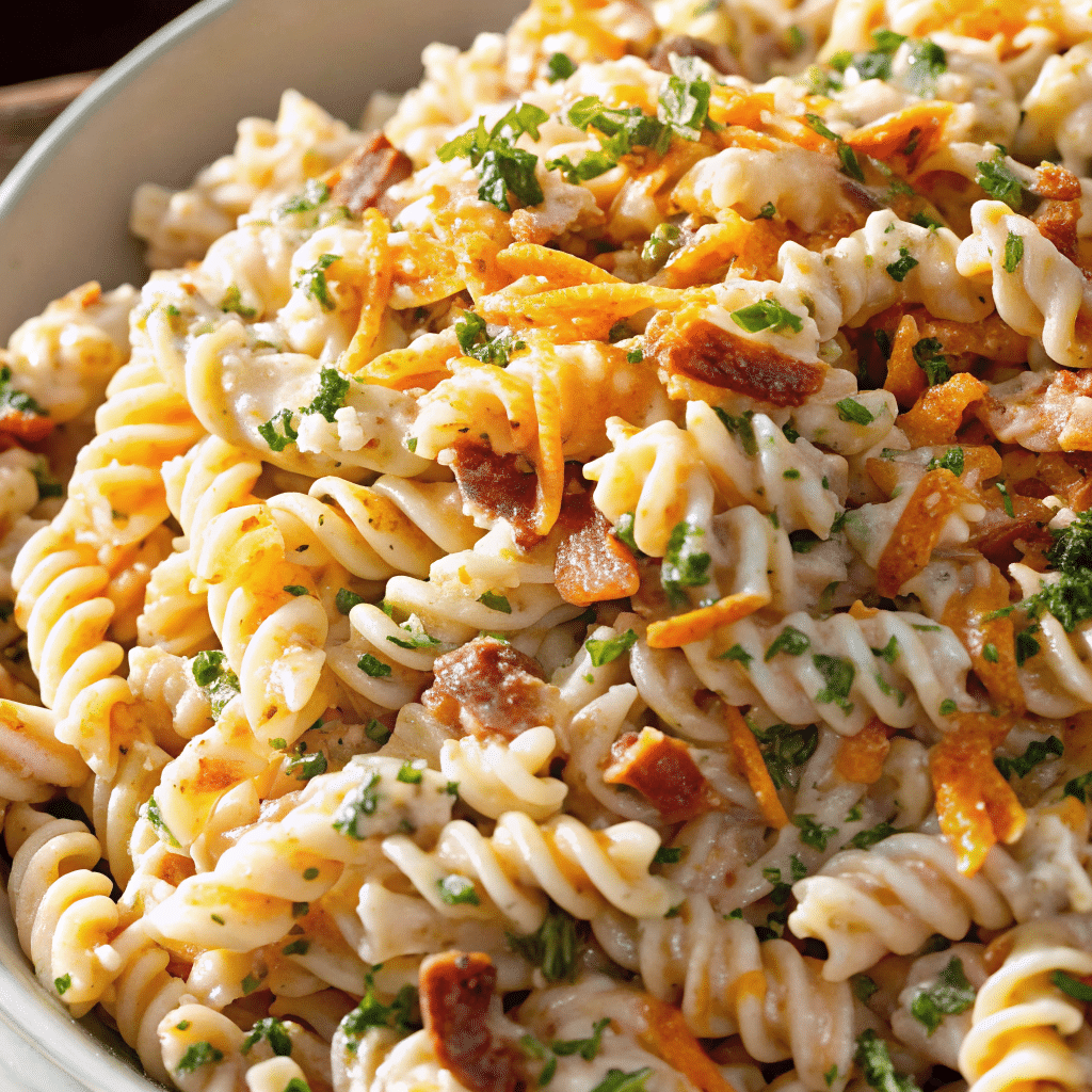 Chicken Bacon Ranch Pasta Salad served in a bowl with rotini pasta, diced chicken, crispy bacon, cheddar cheese, tomatoes, and ranch dressing.