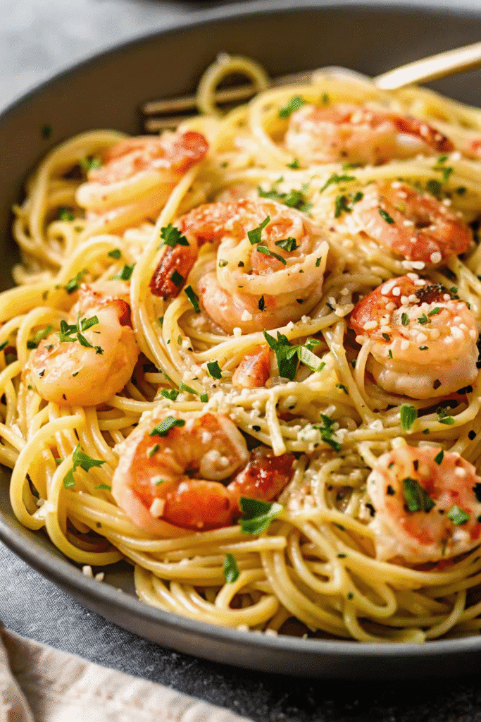 Bowl of Lemon Garlic Shrimp Pasta topped with sautéed shrimp, parsley, and red pepper flakes.