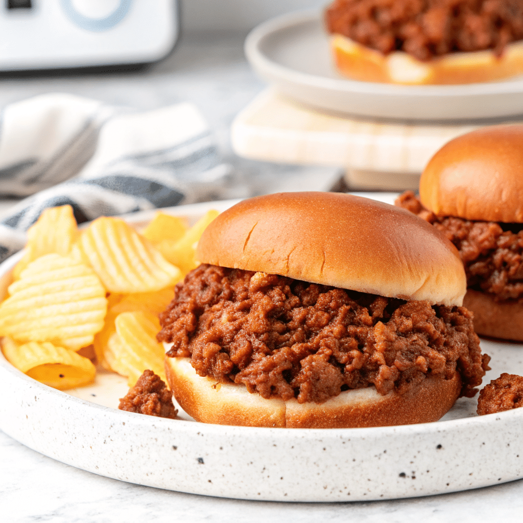 Slow cooker filled with Crock Pot Sloppy Joes, showing saucy ground beef mixture served on soft hamburger buns.