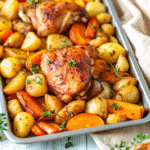 Golden Sheet Pan Chicken and Potatoes with roasted chicken pieces, crispy red potatoes, garlic, and parmesan on a baking tray.