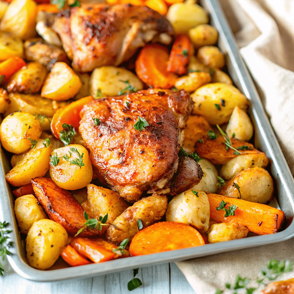 Golden Sheet Pan Chicken and Potatoes with roasted chicken pieces, crispy red potatoes, garlic, and parmesan on a baking tray.