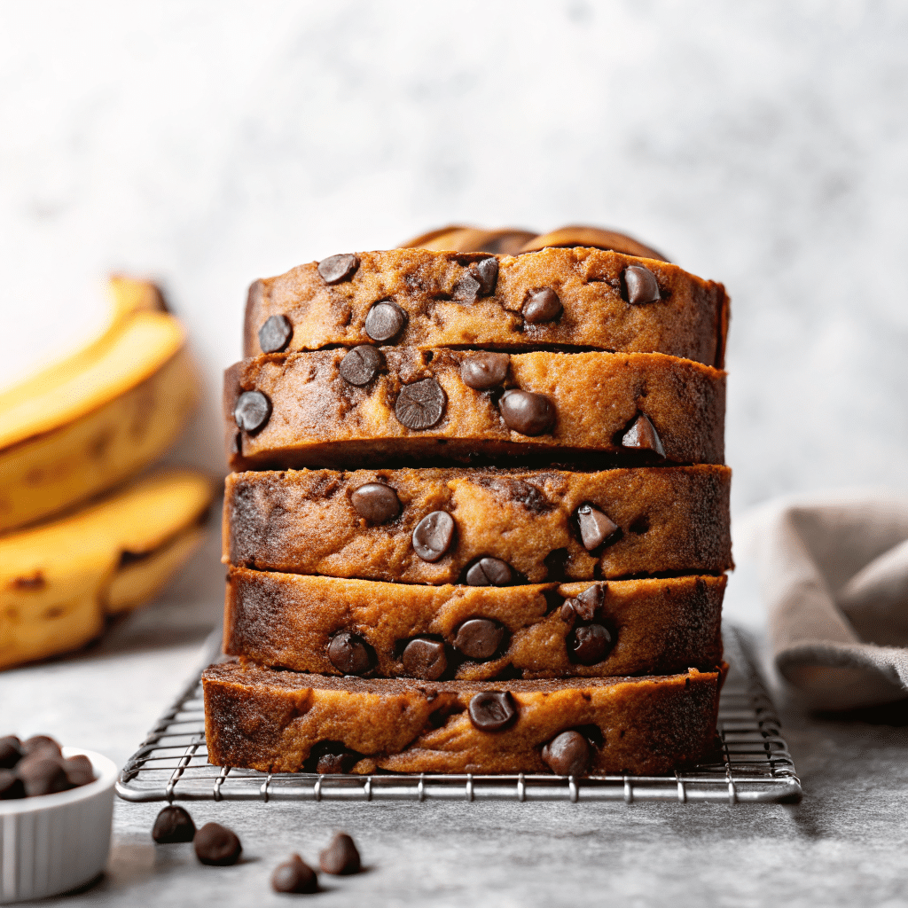 Freshly baked Chocolate Chip Banana Bread sliced on a wooden board, showing a moist crumb filled with melted chocolate chips and ripe banana pieces.