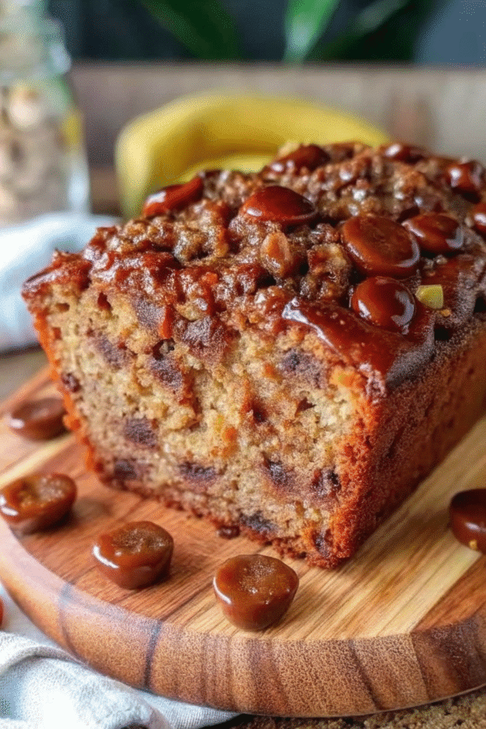 Homemade Chocolate Chip Banana Bread loaf with a golden crust and visible chocolate chips, served in thick slices on a cooling rack.