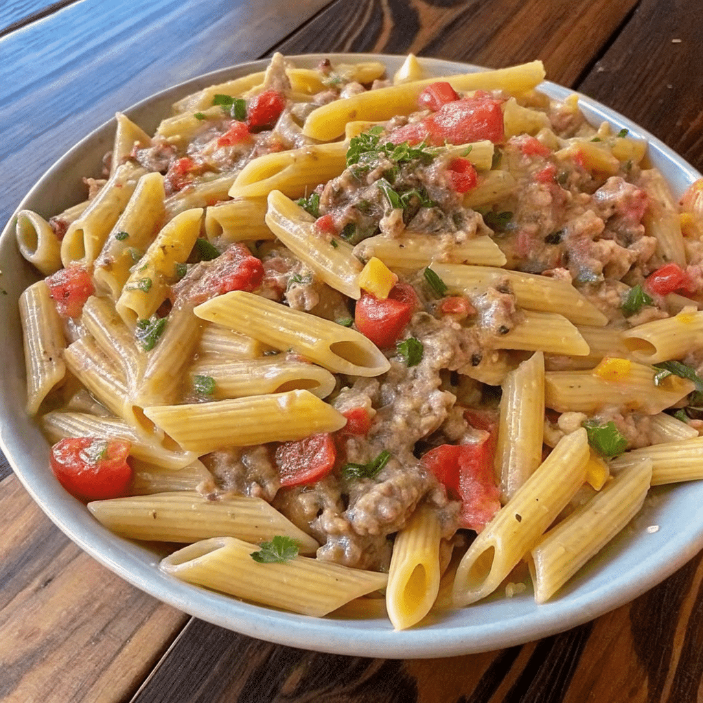 Creamy Cheesy Queso Taco Pasta with ground beef, penne, bell peppers, and melted cheese in a skillet
