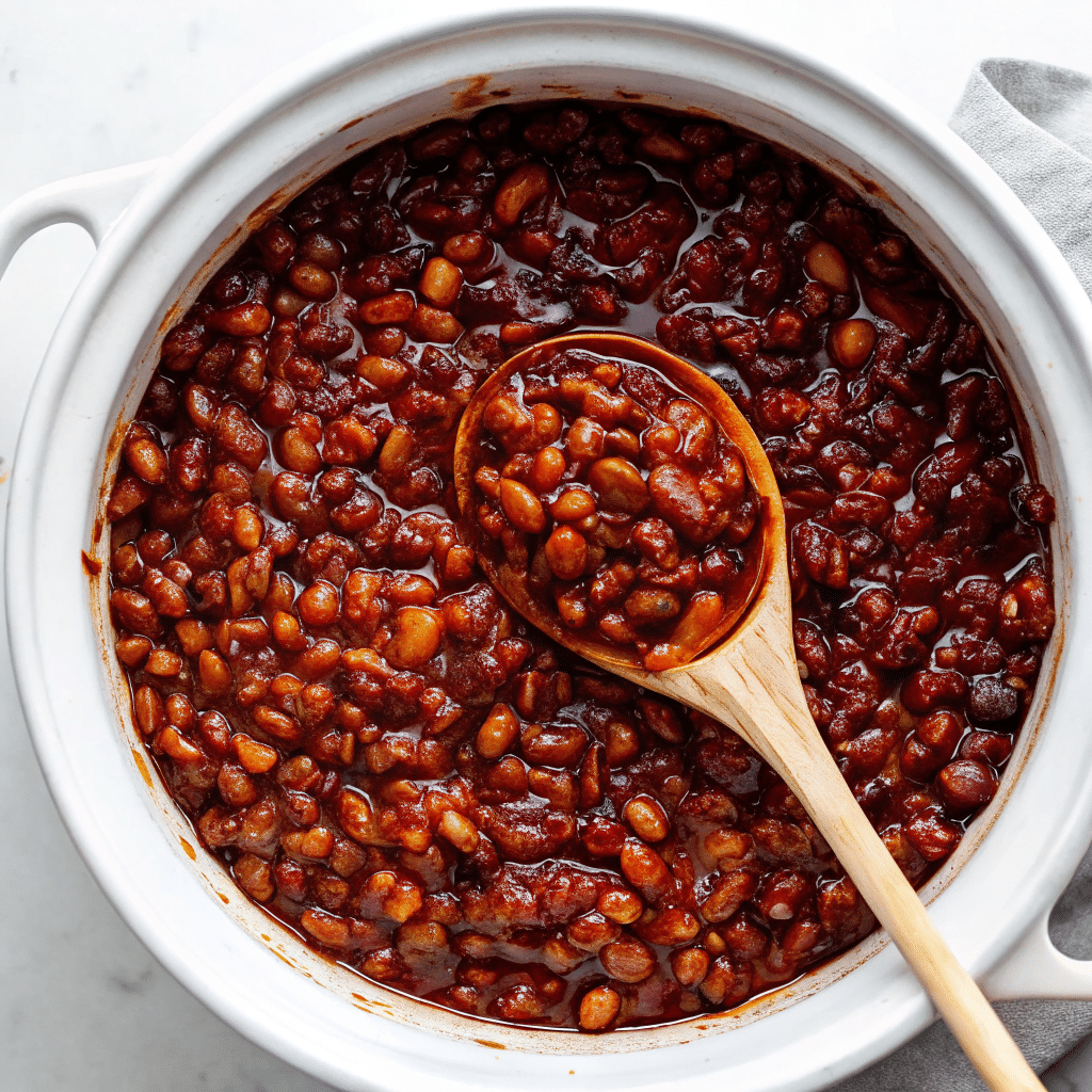 Homemade baked beans in a skillet topped with crispy bacon, baked until thick, bubbly, and caramelized