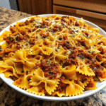 Creamy Cheesy Bowtie Pasta with ground beef and melted cheese in a rich tomato cream sauce
