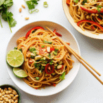 Thai Peanut Noodles tossed in creamy peanut sauce with colorful vegetables and topped with chopped peanuts