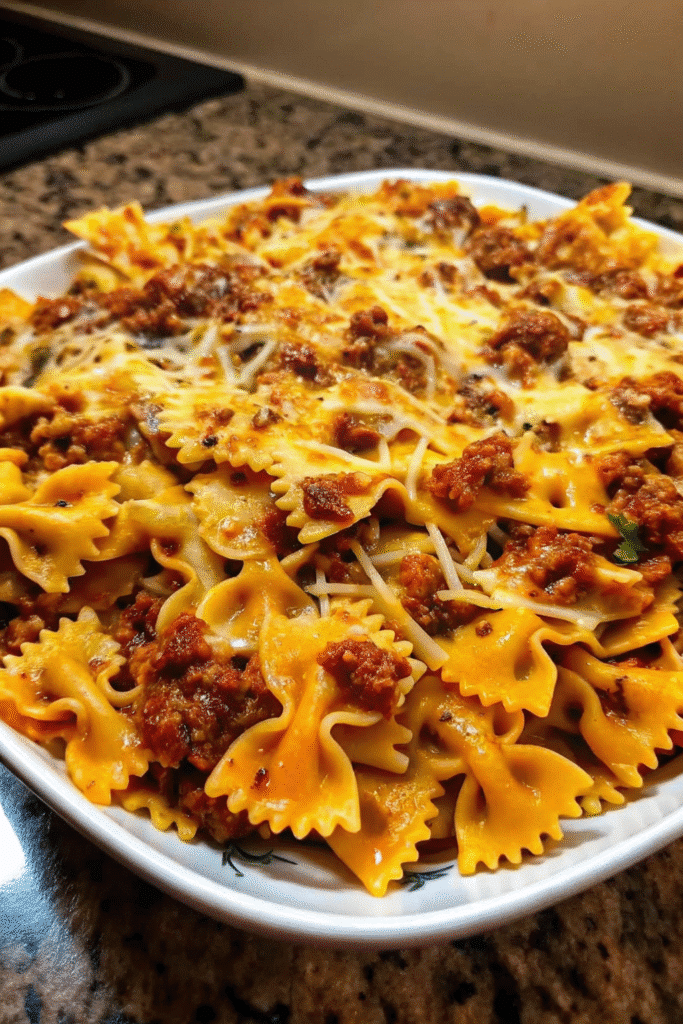 Close-up of Creamy Cheesy Bowtie Pasta topped with melted cheddar and mozzarella cheese