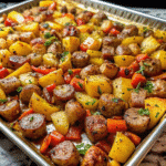Sheet Pan Sausage and Potatoes with roasted sausage slices, crispy golden potatoes, and caramelized onions on a baking tray.