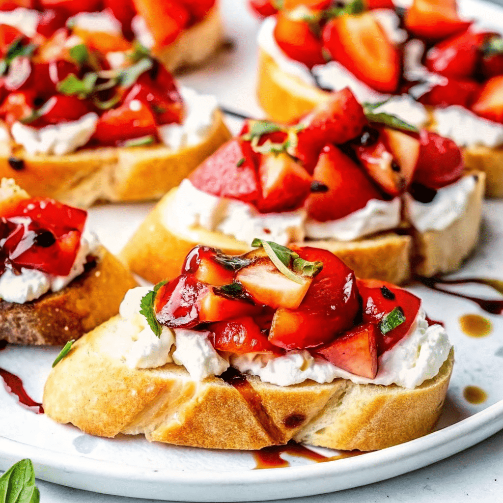 Toasted baguette slices topped with ricotta, fresh strawberries, basil, and balsamic glaze, served as Strawberry Balsamic Bruschetta appetizer.