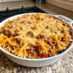 Skillet of Cheesy Beef Bowtie Pasta with creamy tomato sauce, ground beef, and melted cheese coating farfalle pasta.