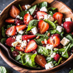 Strawberry Feta Summer Salad with fresh strawberries, crumbled feta, mixed greens, cucumber, and red onion drizzled with balsamic dressing