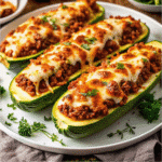 Baked Stuffed Zucchini Boats filled with Italian sausage, marinara sauce, and melted mozzarella cheese, garnished with parsley in a baking dish.