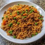 Close-up of Ground Beef Ramen Skillet topped with chopped green onions and mixed vegetables