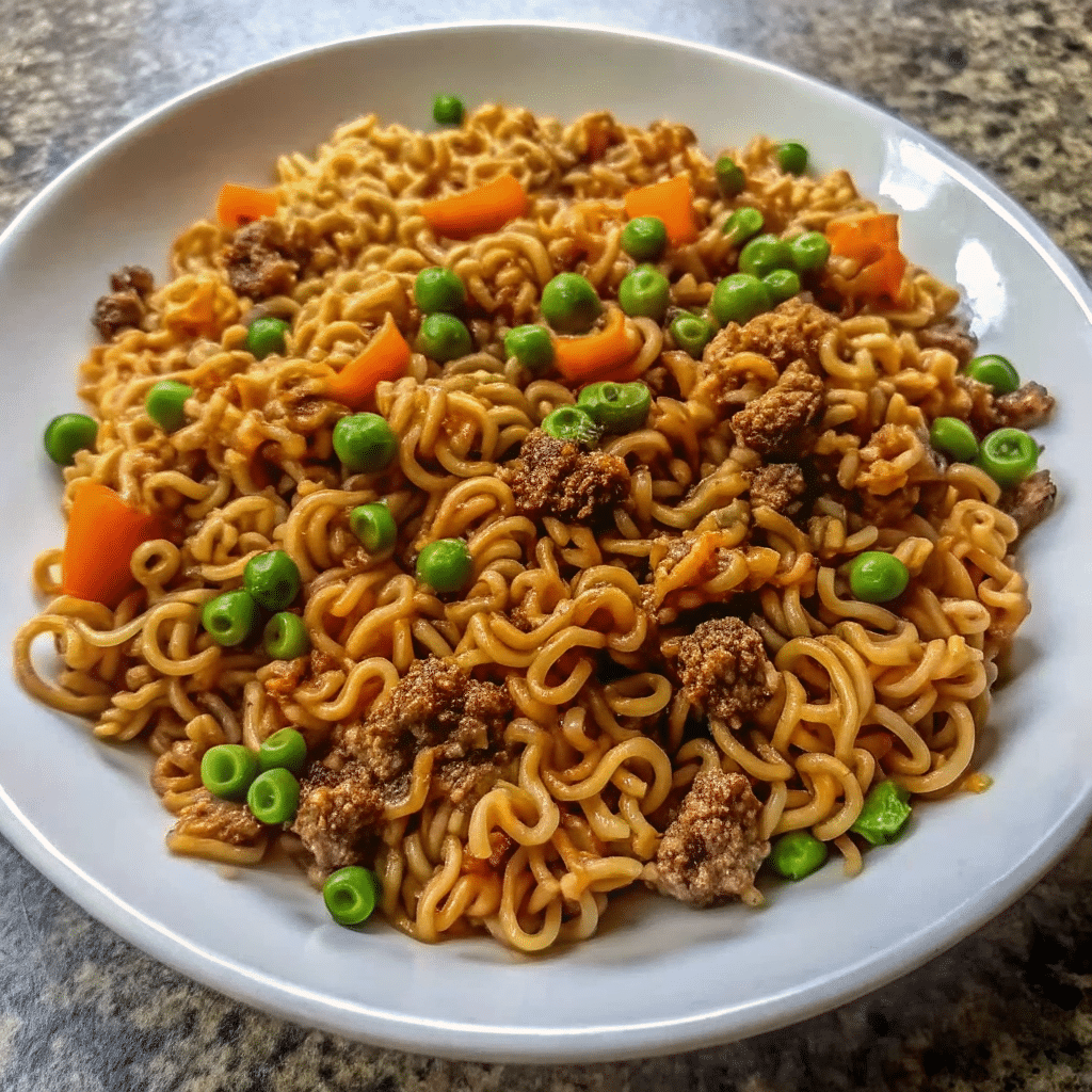 Close-up of Ground Beef Ramen Skillet topped with chopped green onions and mixed vegetables