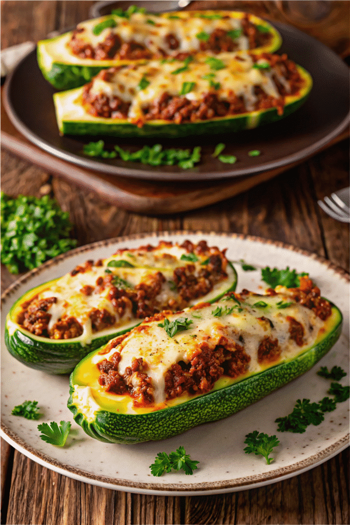 Close-up of Stuffed Zucchini Boats topped with melted cheese, featuring zucchini halves filled with seasoned meat and marinara sauce.