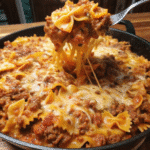 Creamy Bowtie Pasta with ground beef, marinara sauce, and melted mozzarella topped with fresh basil