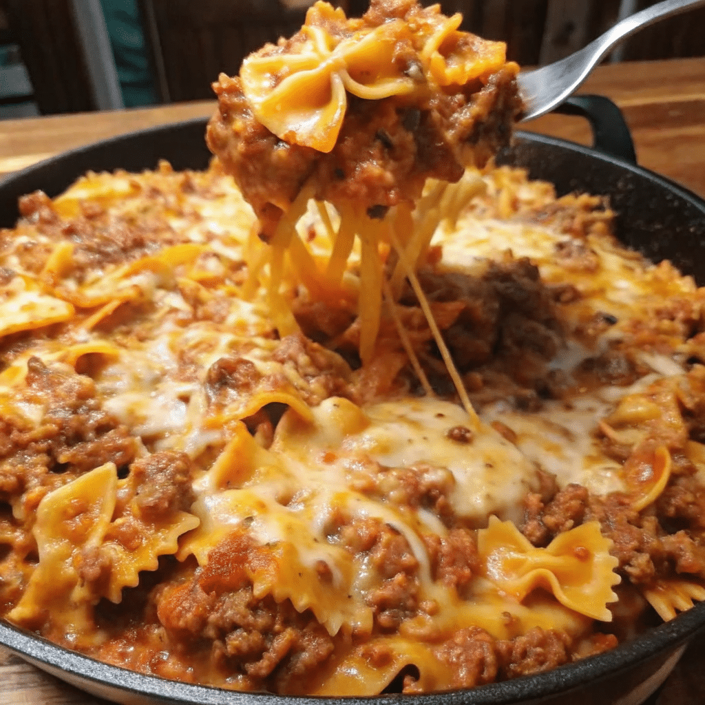 Creamy Bowtie Pasta with ground beef, marinara sauce, and melted mozzarella topped with fresh basil