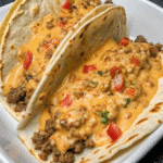 Soft flour tortillas filled with cheesy Rotel beef mixture made from ground beef, melted cheddar, and tomatoes with green chilies, topped with fresh cilantro and diced tomatoes.