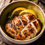 Juicy grilled chicken breasts with light char marks, seasoned with garlic, herbs, and lemon zest
