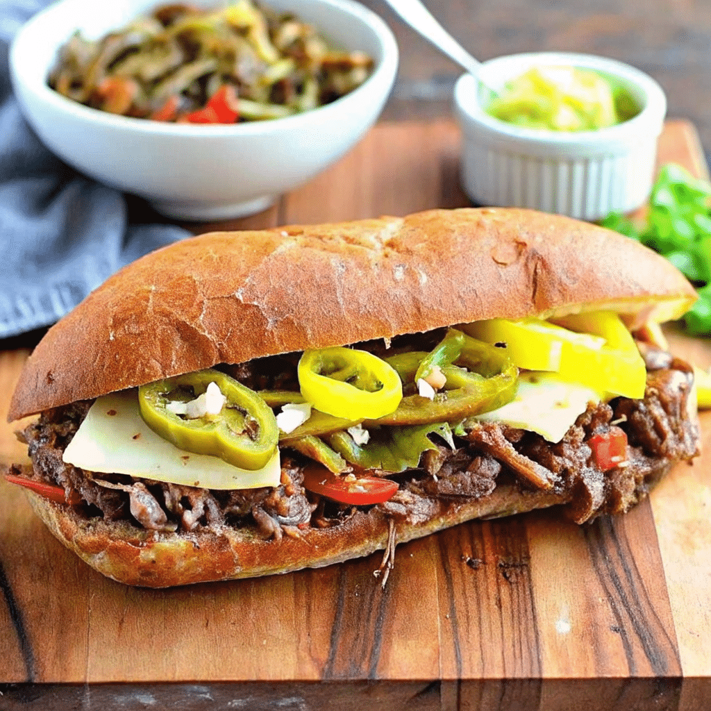 CrockPot italian beef sandwiches made with shredded slow-cooked beef, pepperoncini, giardiniera, and melted provolone on toasted buns.