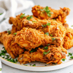 Golden crispy Easy Fried Chicken pieces fresh from the fryer, coated in seasoned flour with a crunchy texture and juicy interior.