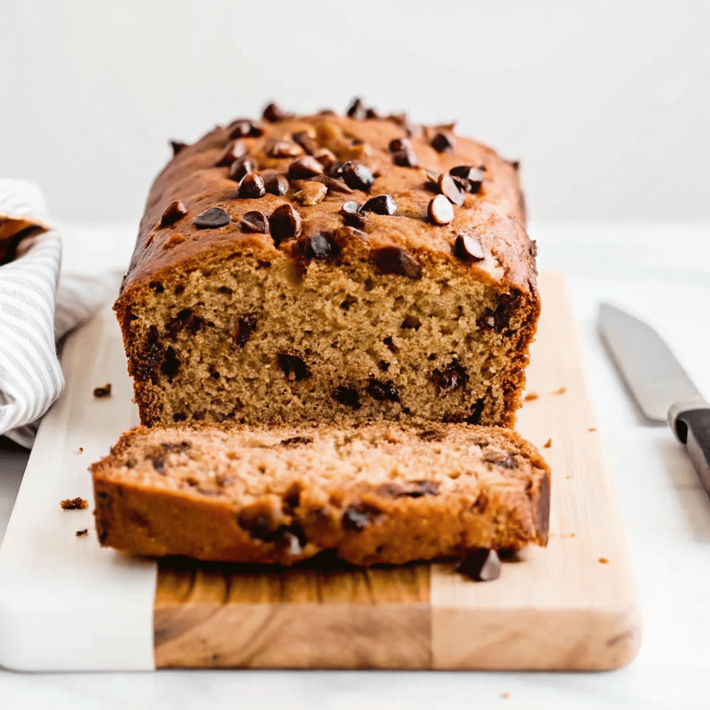Freshly baked Peanut Butter Banana Bread sliced on a wooden board with visible chocolate chips and a soft, moist texture
