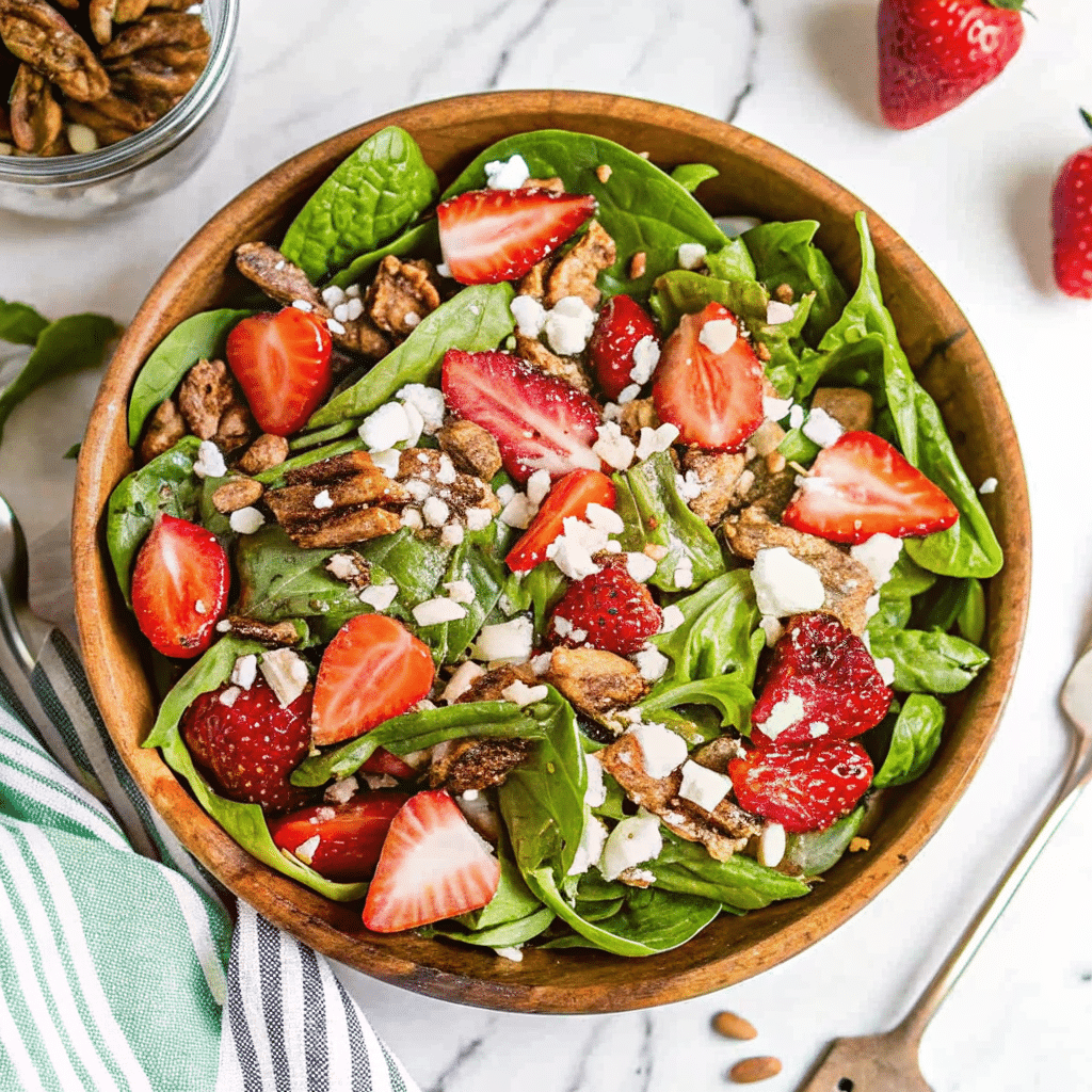 Fresh Strawberry Spinach Salad with feta cheese, toasted pecans, and poppy seed dressing in a large bowl.