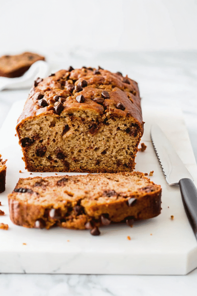 Golden Peanut Butter Banana Bread loaf with a cracked top and rich banana and peanut butter texture