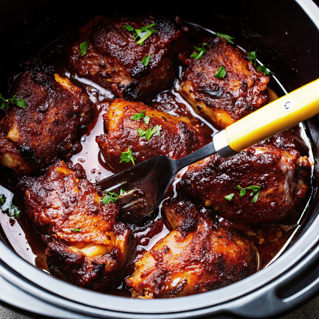 CrockPot Chicken Thighs served in a bowl with glossy honey garlic sauce and fresh parsley on top.