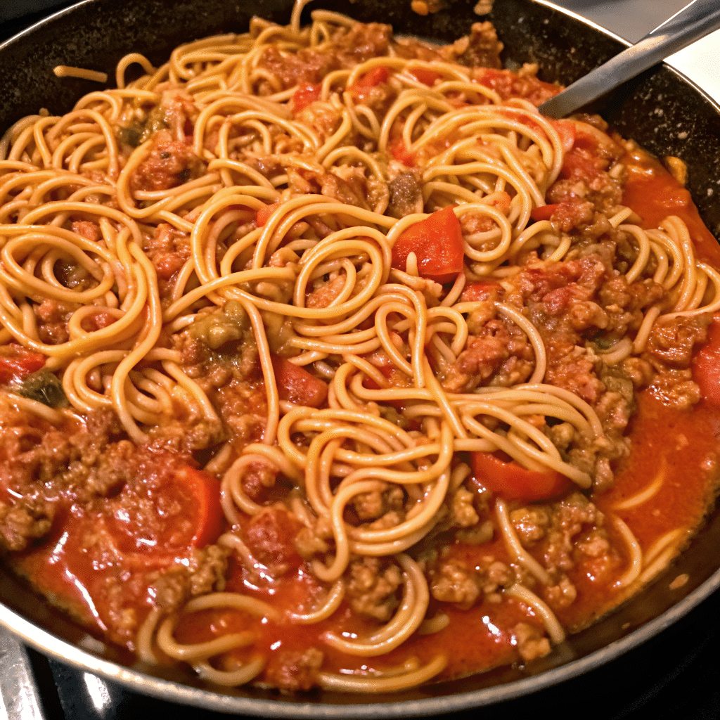 Homestyle Skillet Spaghetti with rich meat sauce, ground chuck, tomatoes, and herbs served in a skillet