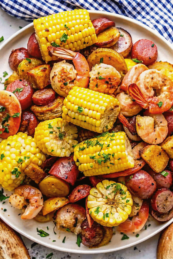 One-pan Sheet Pan Shrimp Boil featuring juicy shrimp, tender potatoes, sweet corn, and sausage garnished with parsley and lemon wedges.