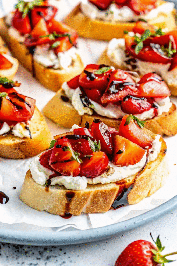 Close-up of Strawberry Balsamic Bruschetta featuring crispy crostini layered with creamy ricotta, diced strawberries, and fresh basil.