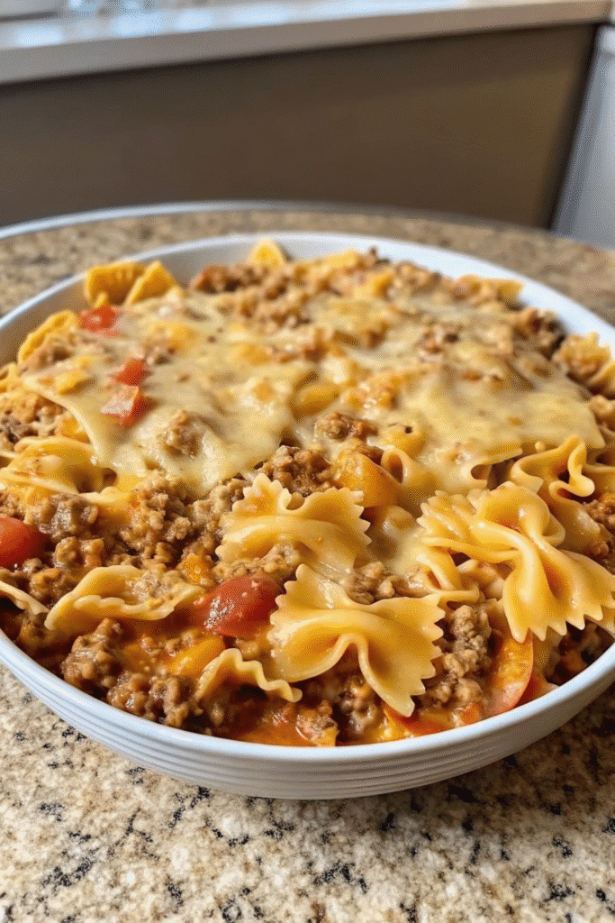 Close-up of Cheesy Beef Bowtie Pasta served hot with tender farfalle, savory beef, and cheesy tomato cream sauce.