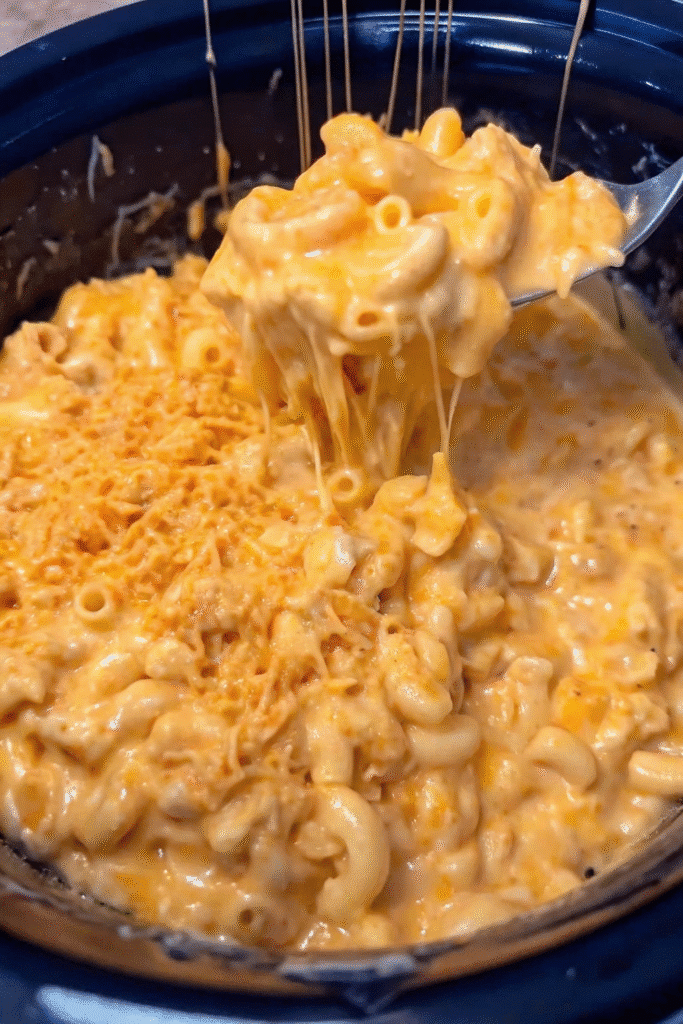 Close-up of Buffalo Chicken Mac And Cheese with elbow macaroni coated in creamy buffalo cheese sauce.